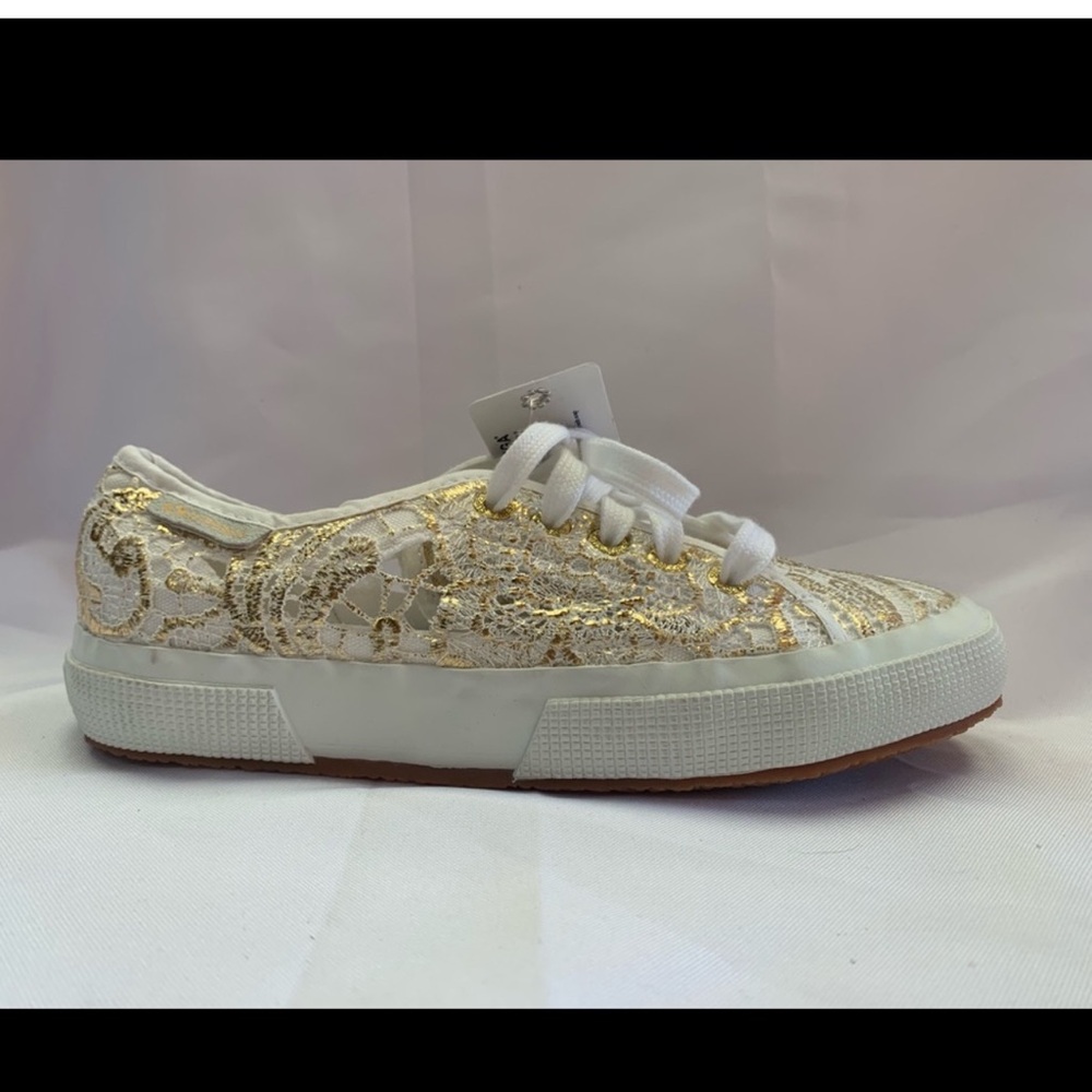 Superga White and Gold Lace-Up Sneakers